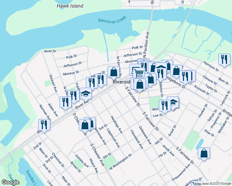 map of restaurants, bars, coffee shops, grocery stores, and more near 114 Delaware Avenue in Riverside