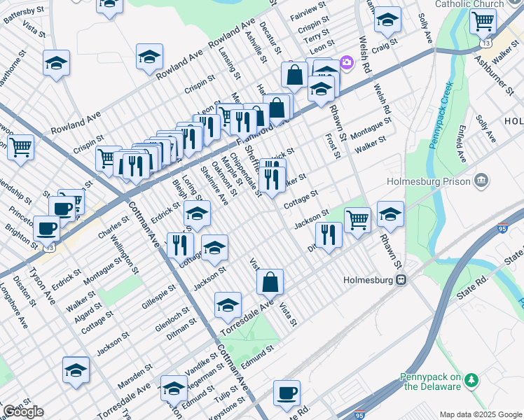 map of restaurants, bars, coffee shops, grocery stores, and more near 4337 Marple Street in Philadelphia