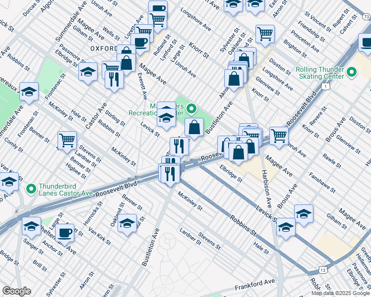 map of restaurants, bars, coffee shops, grocery stores, and more near 6411 Akron Street in Philadelphia
