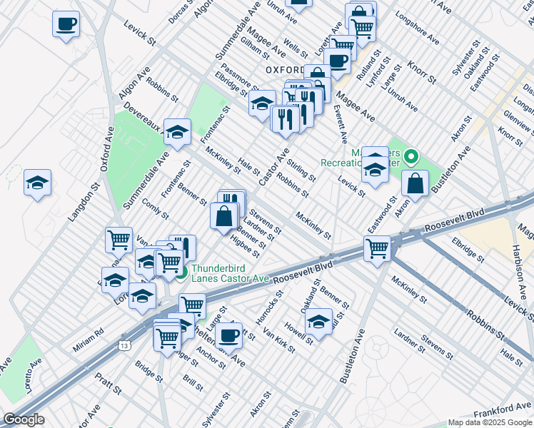 map of restaurants, bars, coffee shops, grocery stores, and more near 1434 Devereaux Avenue in Philadelphia