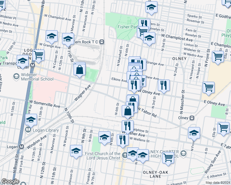 map of restaurants, bars, coffee shops, grocery stores, and more near 5519 North Marshall Street in Philadelphia
