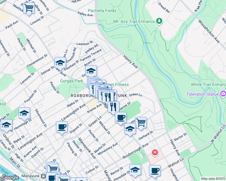 map of restaurants, bars, coffee shops, grocery stores, and more near 545 Leverington Avenue in Philadelphia