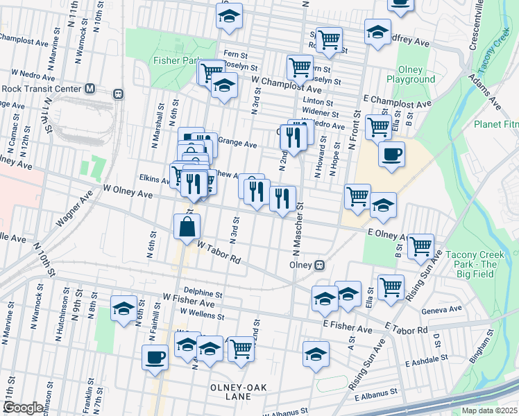map of restaurants, bars, coffee shops, grocery stores, and more near 5609 North American Street in Philadelphia