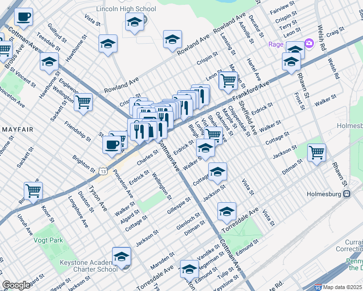 map of restaurants, bars, coffee shops, grocery stores, and more near 4054 Aldine Street in Philadelphia