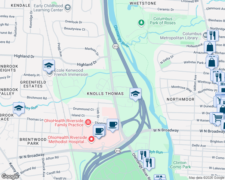 map of restaurants, bars, coffee shops, grocery stores, and more near 3707 Olentangy River Road in Columbus