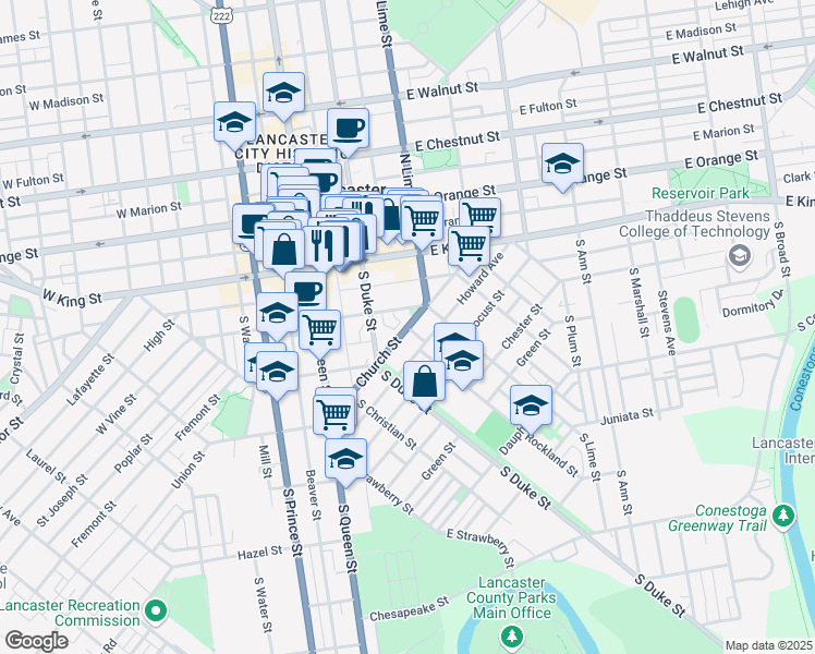 map of restaurants, bars, coffee shops, grocery stores, and more near Church Street in Lancaster