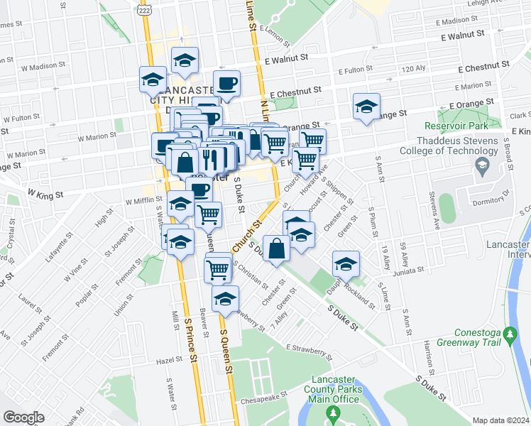 map of restaurants, bars, coffee shops, grocery stores, and more near 299 Church Street in Lancaster