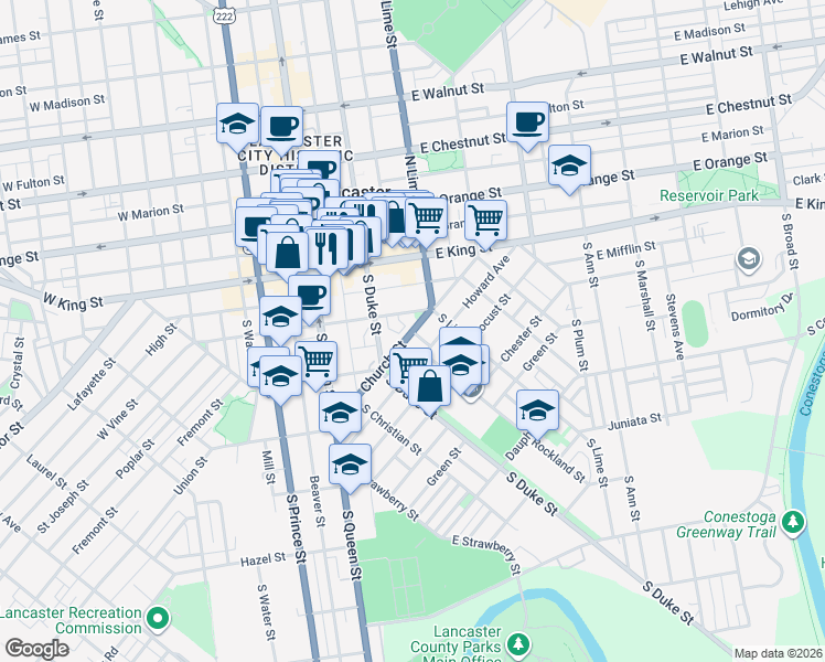 map of restaurants, bars, coffee shops, grocery stores, and more near Church Street in Lancaster