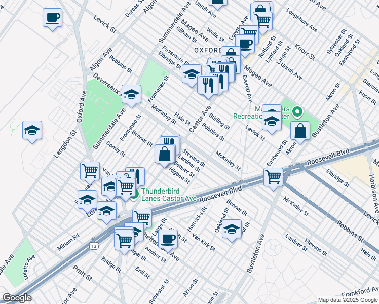 map of restaurants, bars, coffee shops, grocery stores, and more near 1427 Stevens Street in Philadelphia