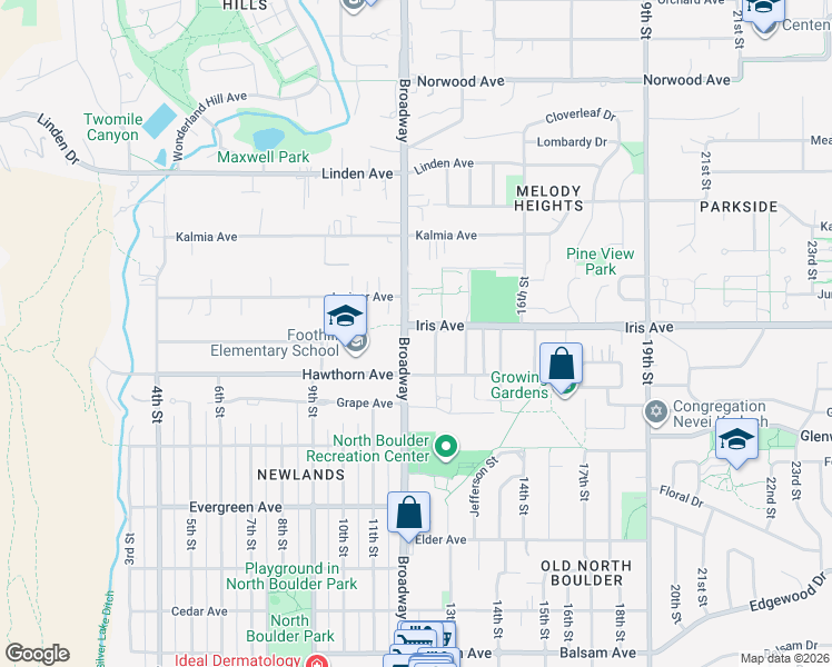 map of restaurants, bars, coffee shops, grocery stores, and more near in Boulder
