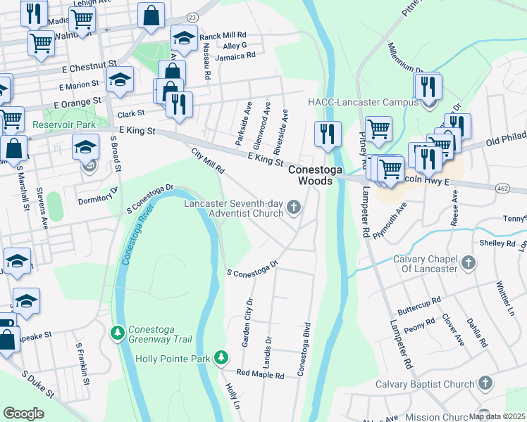 map of restaurants, bars, coffee shops, grocery stores, and more near 134 City Mill Rd in Lancaster