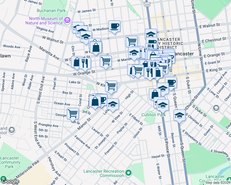 map of restaurants, bars, coffee shops, grocery stores, and more near 448 1/2 Manor Street in Lancaster