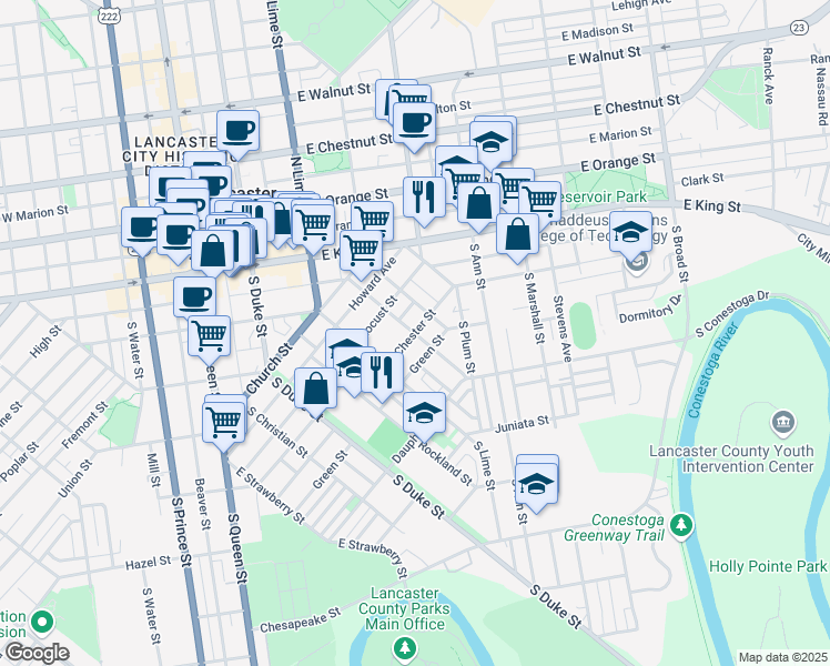 map of restaurants, bars, coffee shops, grocery stores, and more near 501 Pershing Avenue in Lancaster