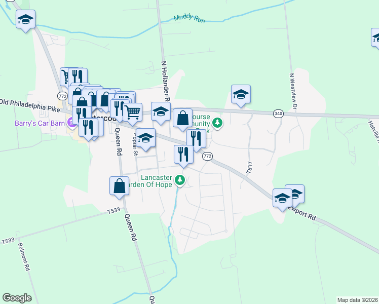 map of restaurants, bars, coffee shops, grocery stores, and more near 1 Heritage Drive in Gordonville