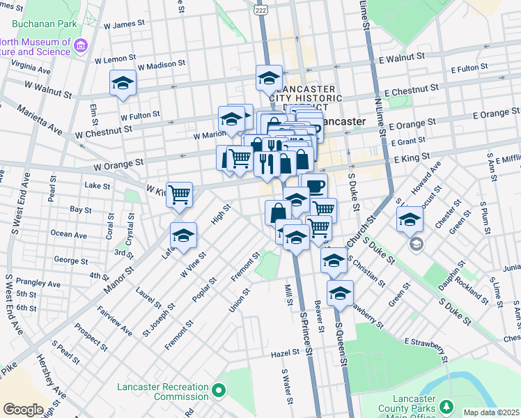 map of restaurants, bars, coffee shops, grocery stores, and more near 34 South Arch Street in Lancaster
