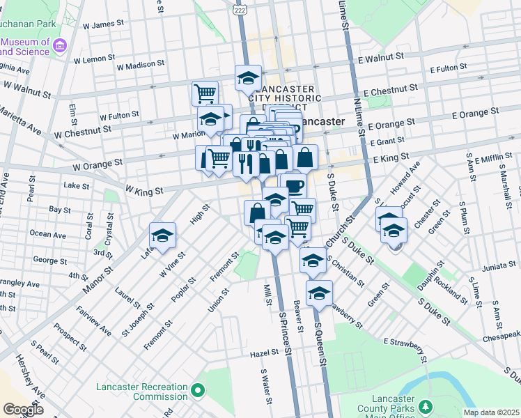 map of restaurants, bars, coffee shops, grocery stores, and more near 48 South Prince Street in Lancaster
