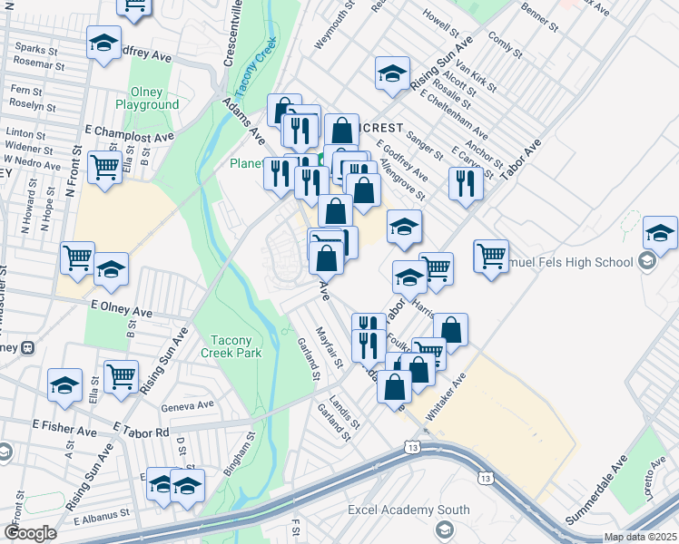map of restaurants, bars, coffee shops, grocery stores, and more near 555 Adams Ave in Philadelphia