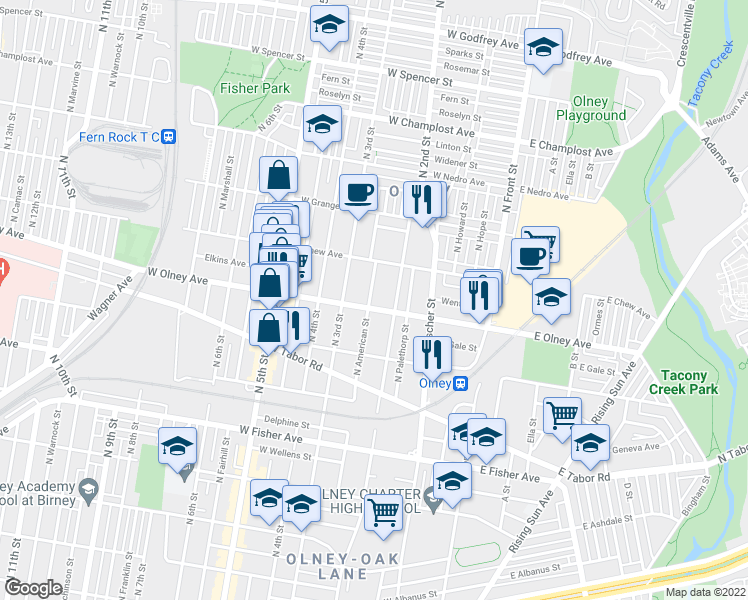 map of restaurants, bars, coffee shops, grocery stores, and more near 5609 North American Street in Philadelphia