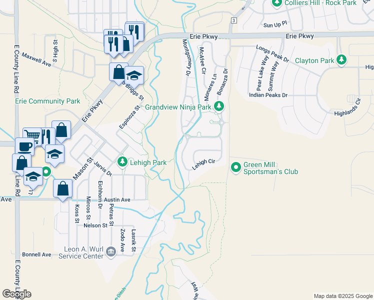 map of restaurants, bars, coffee shops, grocery stores, and more near 565 Lehigh Circle in Erie