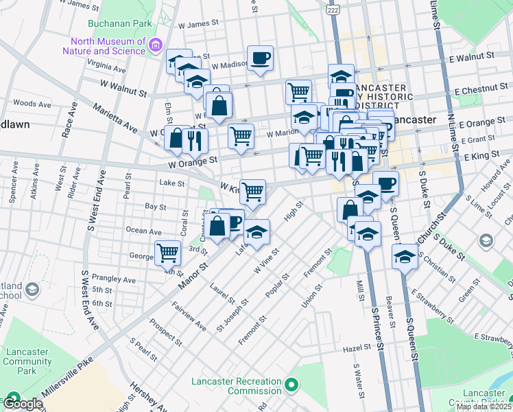map of restaurants, bars, coffee shops, grocery stores, and more near 1 Campbell Avenue in Lancaster