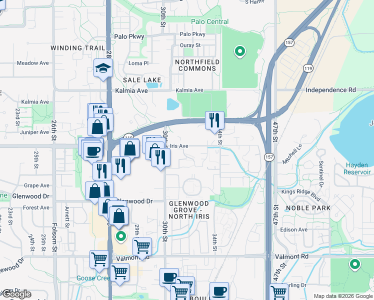 map of restaurants, bars, coffee shops, grocery stores, and more near 3150 Chisholm Trail in Boulder