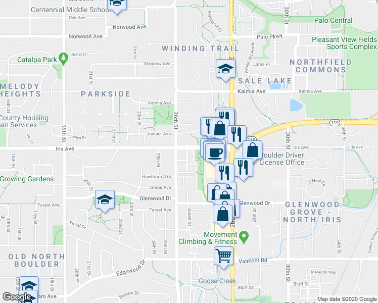 map of restaurants, bars, coffee shops, grocery stores, and more near 2606 Juniper Avenue in Boulder