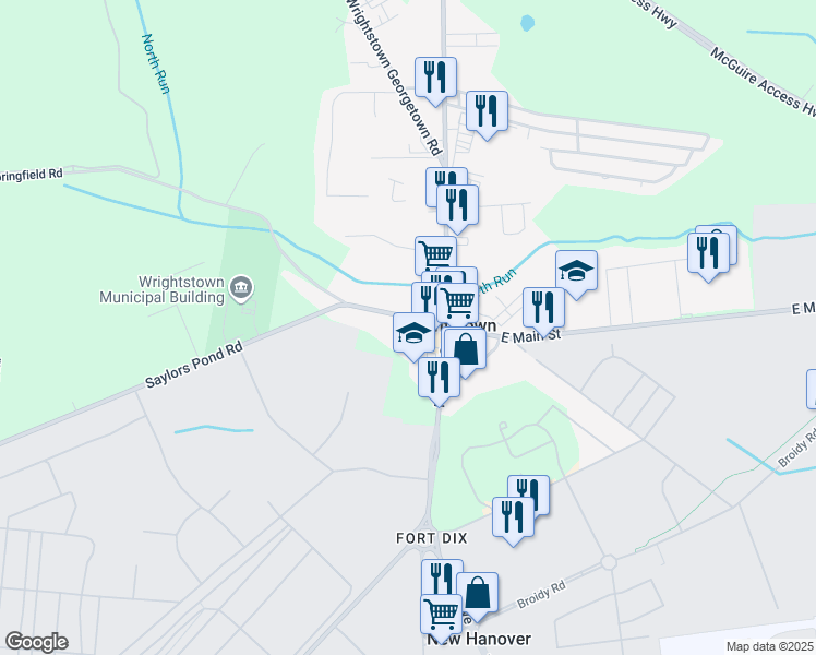map of restaurants, bars, coffee shops, grocery stores, and more near 26 West Main Street in Wrightstown