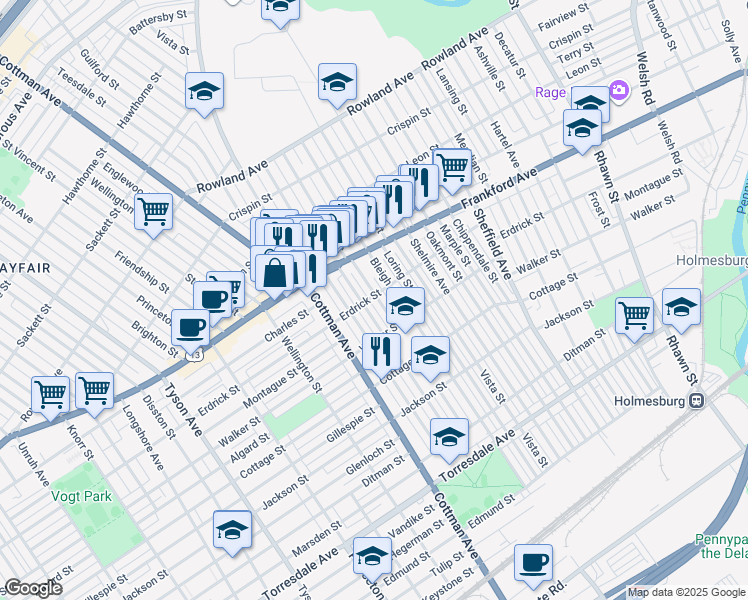 map of restaurants, bars, coffee shops, grocery stores, and more near 4043 Tudor Street in Philadelphia