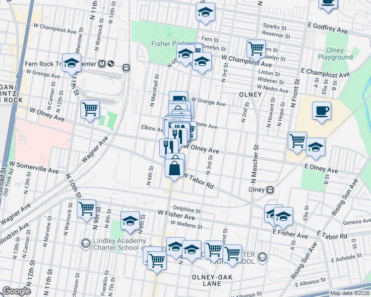 map of restaurants, bars, coffee shops, grocery stores, and more near 426 West Olney Avenue in Philadelphia
