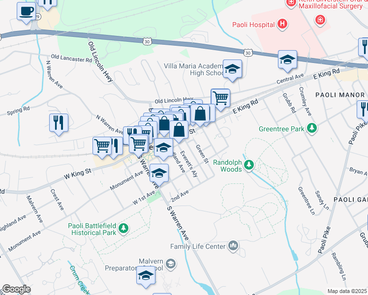 map of restaurants, bars, coffee shops, grocery stores, and more near 111 Church Street in Malvern