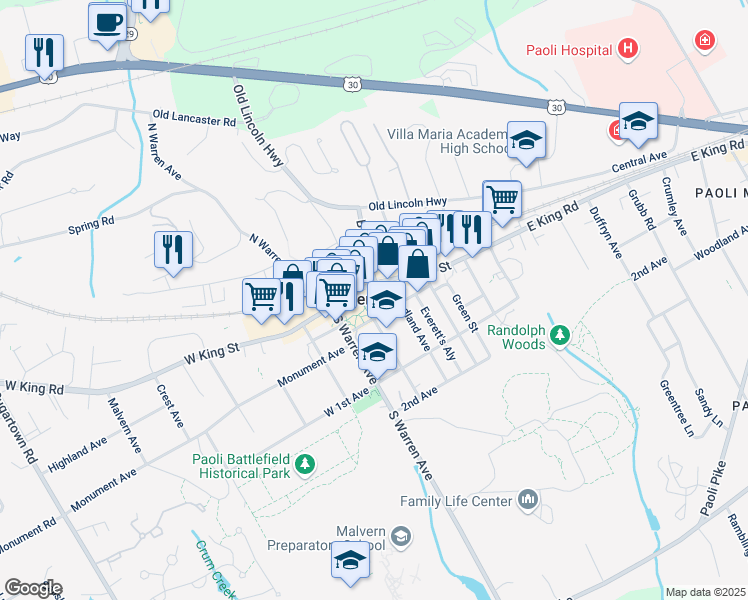 map of restaurants, bars, coffee shops, grocery stores, and more near 116 East King Street in Malvern
