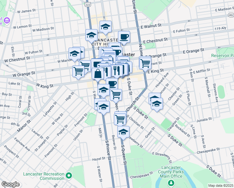 map of restaurants, bars, coffee shops, grocery stores, and more near 45 South Queen Street in Lancaster