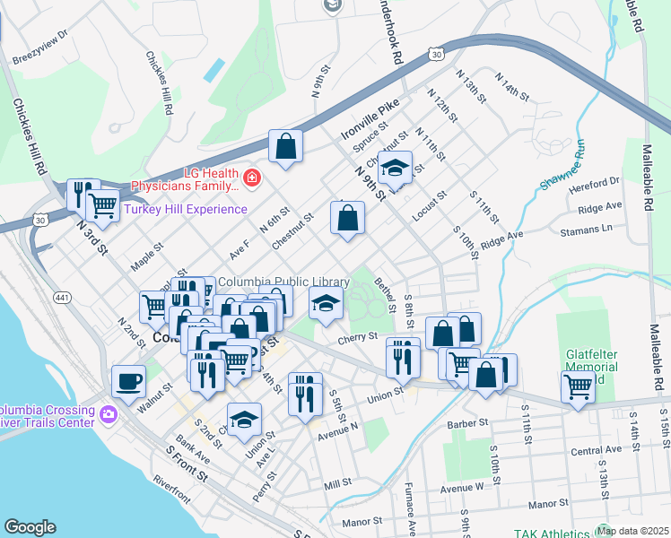 map of restaurants, bars, coffee shops, grocery stores, and more near 29 North 7th Street in Columbia