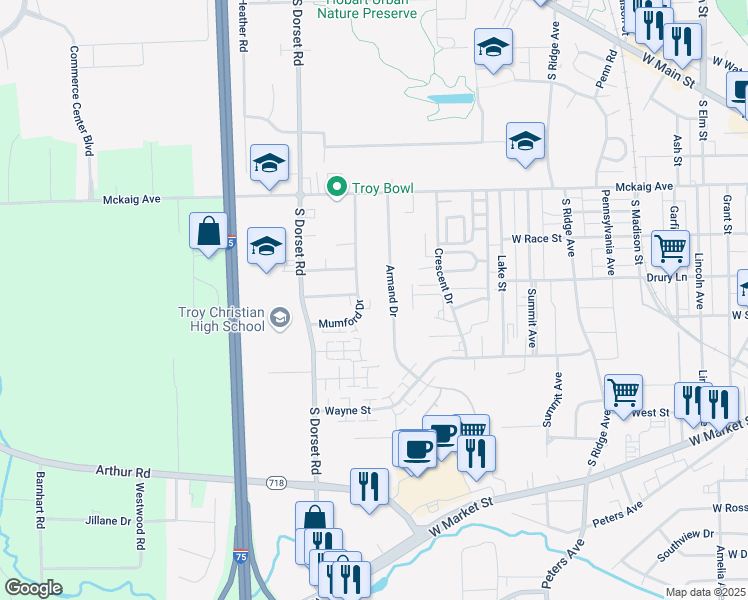 map of restaurants, bars, coffee shops, grocery stores, and more near 410 Armand Drive in Troy