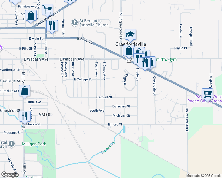 map of restaurants, bars, coffee shops, grocery stores, and more near 1810 Kraig Drive in Crawfordsville