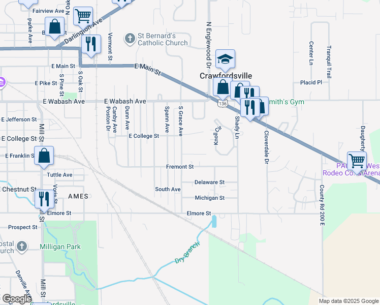 map of restaurants, bars, coffee shops, grocery stores, and more near 1810 Kraig Drive in Crawfordsville
