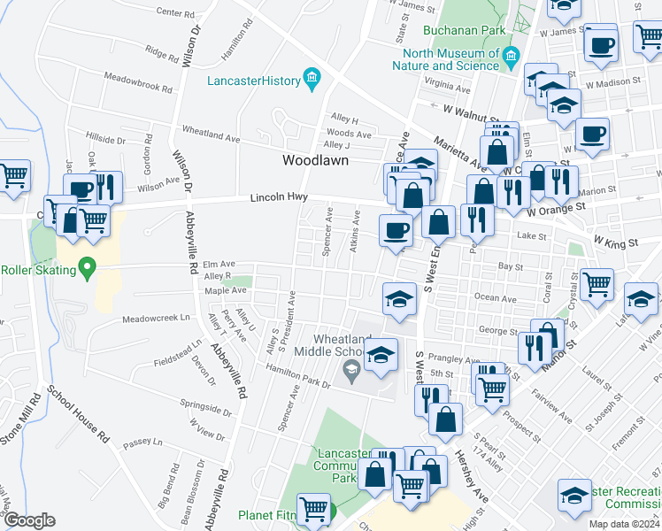 map of restaurants, bars, coffee shops, grocery stores, and more near 61 Spencer Avenue in Lancaster