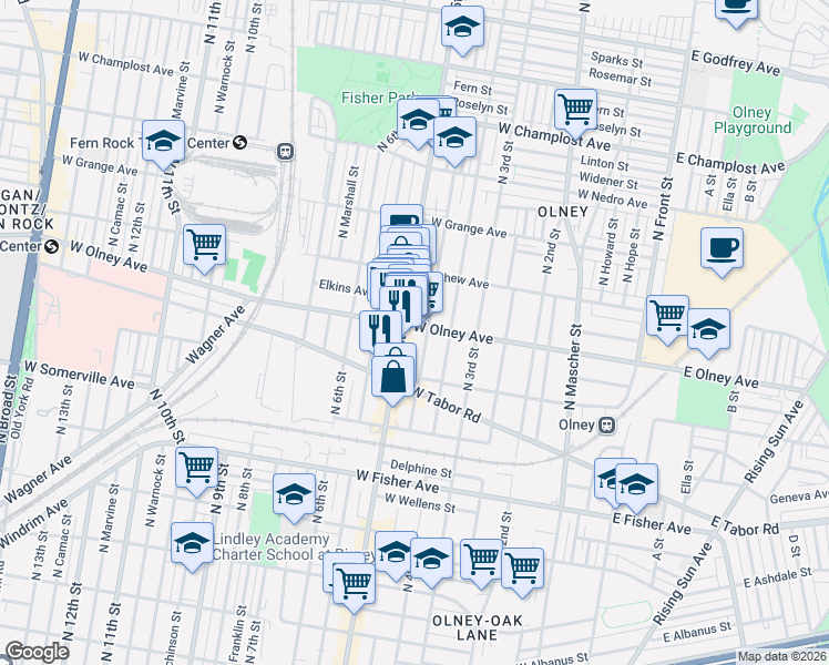 map of restaurants, bars, coffee shops, grocery stores, and more near 426 West Olney Avenue in Philadelphia