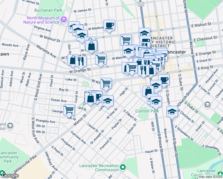 map of restaurants, bars, coffee shops, grocery stores, and more near 446 Manor Street in Lancaster