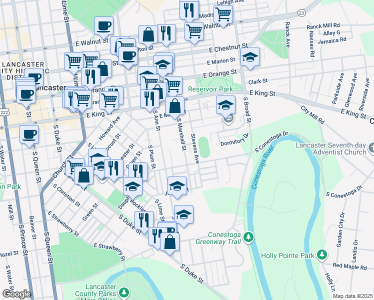 map of restaurants, bars, coffee shops, grocery stores, and more near 213 South Marshall Street in Lancaster