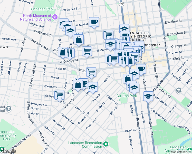 map of restaurants, bars, coffee shops, grocery stores, and more near 446 Manor Street in Lancaster