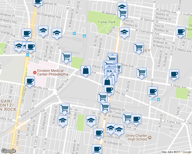 map of restaurants, bars, coffee shops, grocery stores, and more near 5521 North Marshall Street in Philadelphia