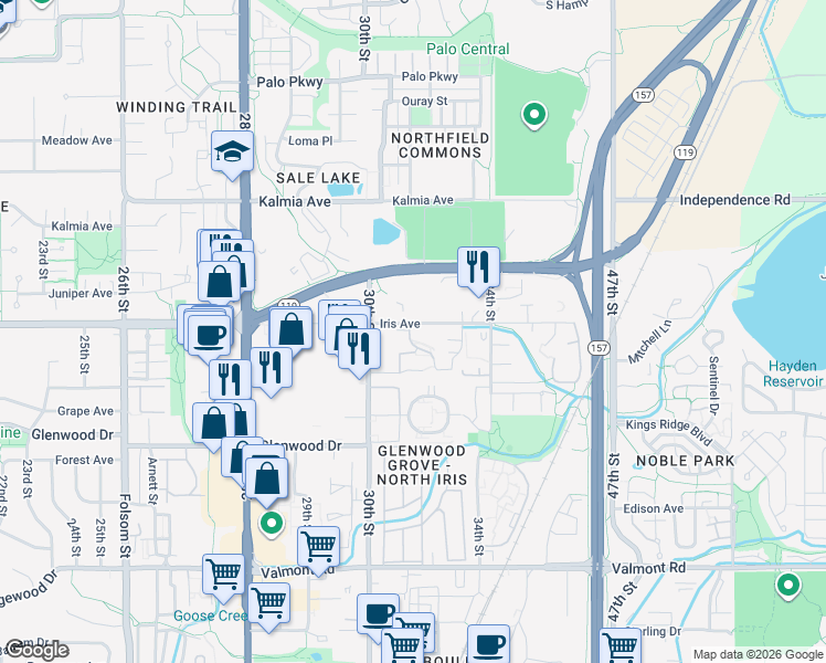 map of restaurants, bars, coffee shops, grocery stores, and more near 3150 Iris Avenue in Boulder
