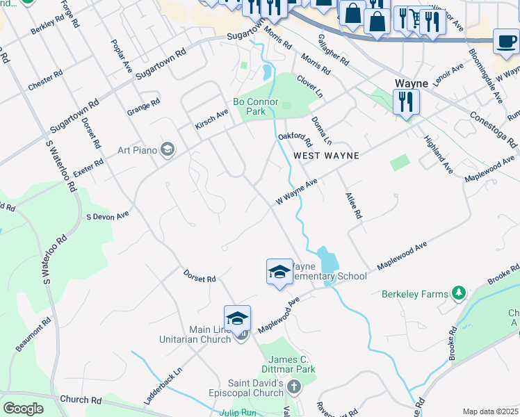 map of restaurants, bars, coffee shops, grocery stores, and more near 501 Crestview Road in Wayne