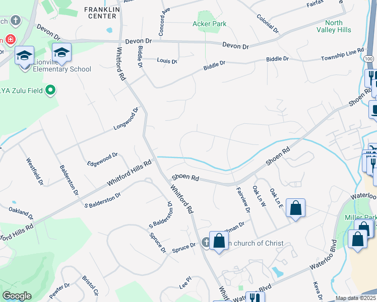 map of restaurants, bars, coffee shops, grocery stores, and more near 327 Long Ridge Lane in Exton