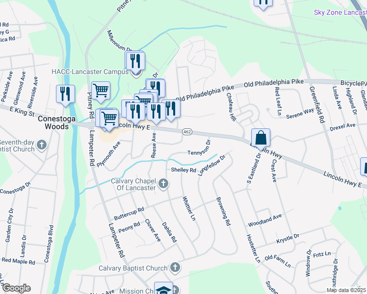 map of restaurants, bars, coffee shops, grocery stores, and more near 48 Tennyson Drive in Lancaster