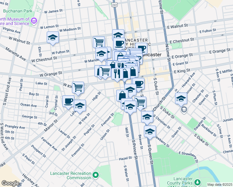 map of restaurants, bars, coffee shops, grocery stores, and more near 34 South Arch Street in Lancaster