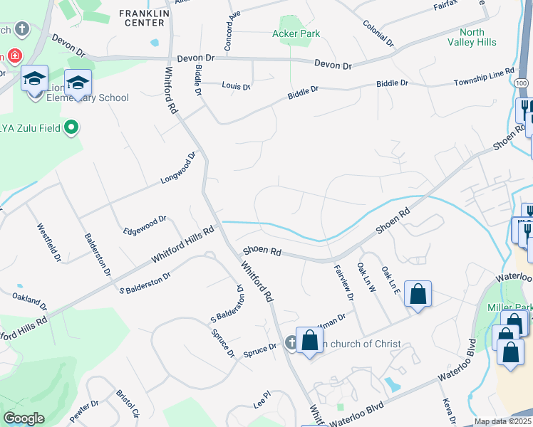 map of restaurants, bars, coffee shops, grocery stores, and more near 327 Long Ridge Lane in Exton