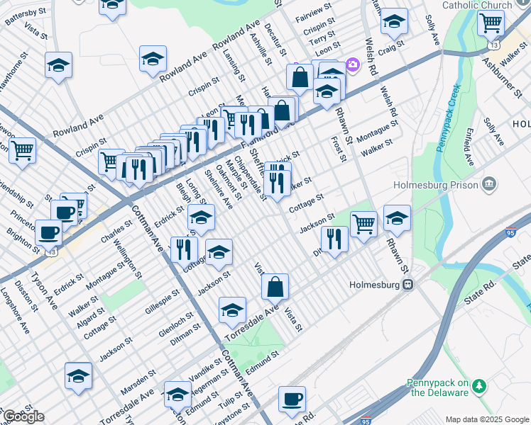 map of restaurants, bars, coffee shops, grocery stores, and more near 4337 Marple Street in Philadelphia