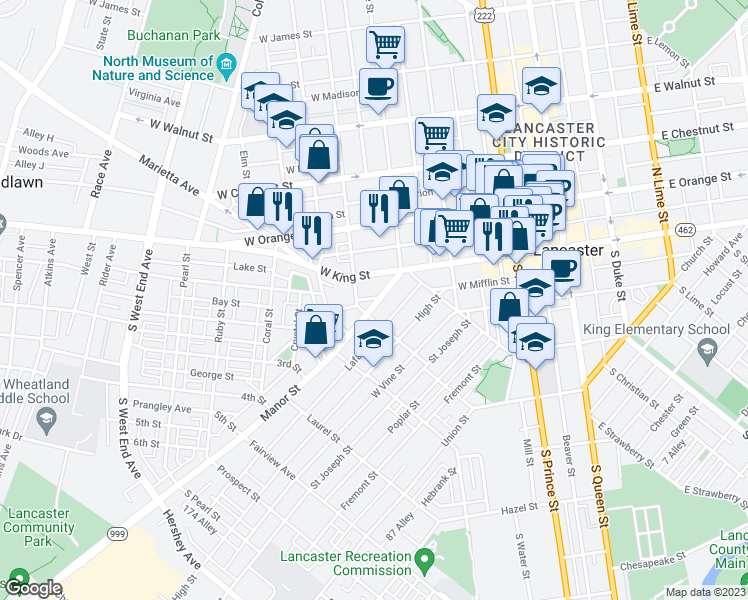 map of restaurants, bars, coffee shops, grocery stores, and more near 455 Manor Street in Lancaster